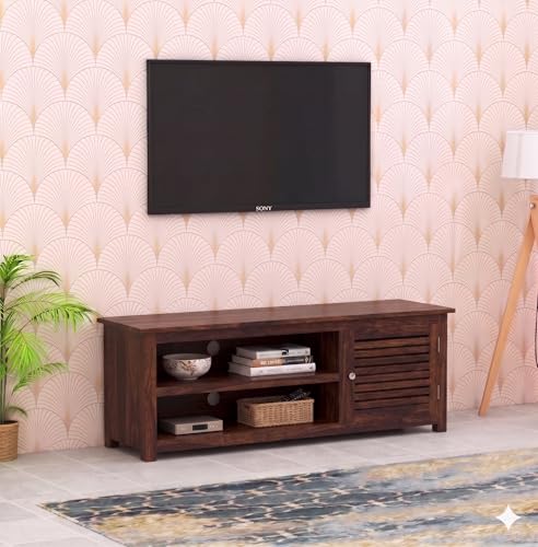Image of Sheesham Wood TV Unit Cabinet with Shelf Storage for Home Living Room | Wooden Furniture for Office Decor - Walnut