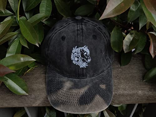 Wisedeal Women's Floral Horse Hat Vintage Distressed Adjustable Washed Baseball Cap For Men Women Racing Horse Lover Black #TOP4
