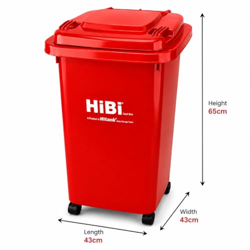 Image of HiBi AW 50 Litre Dustbin - Large Outdoor Waste Bin | Heavy Duty Garbage Container with Wheels | Durable Plastic Trash Can for Home, Office, Hospitals, Public Areas (Red Colour)