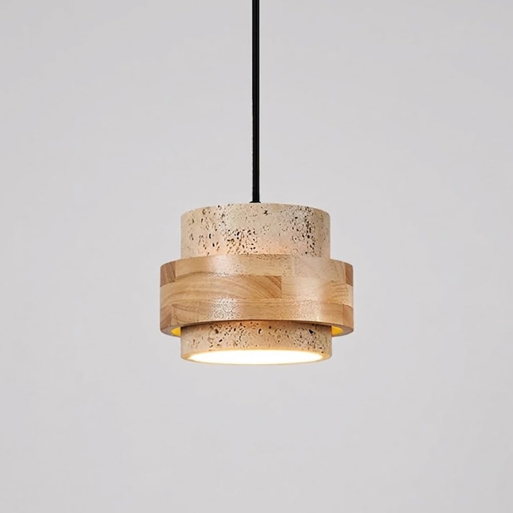 COSRUB Japanese Travertine Stone Chandelier, Cylindrical Mini Pendant Light with Wooden Ring Minimalist Farmhouse Single Hanging Lamp for Bedroom Living Room(Wood)