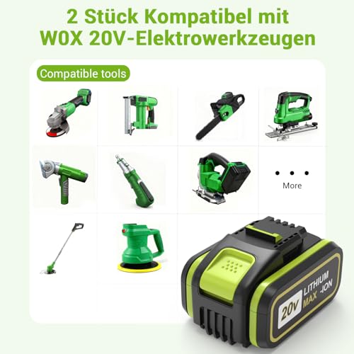 20V Akku 5000mAh Kompatibel mit Worx Geräten WA3551 WA3553 WA3572 WA3641 WX390 WX176 WX372.1 - Ersatzakku für Worx 20V Werkzeuge, Li-Ion Akku für Rasenmäher, Kettensäge, Bohrmaschine (2 Stück)