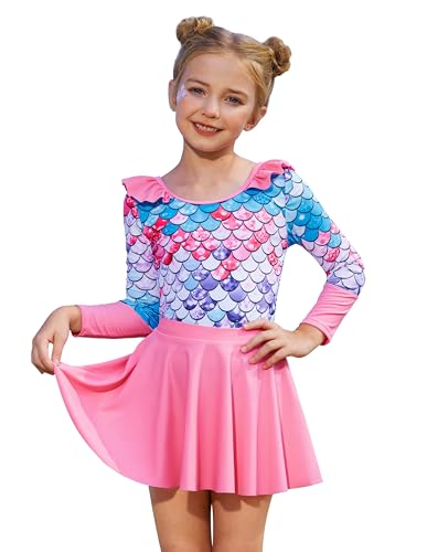 GRACE KARIN Girls One Piece Long Sleeve Swimsuit Cute Quick Dry Swim Dress Cute Swimwear with Skirt Pink 10-12 Years
