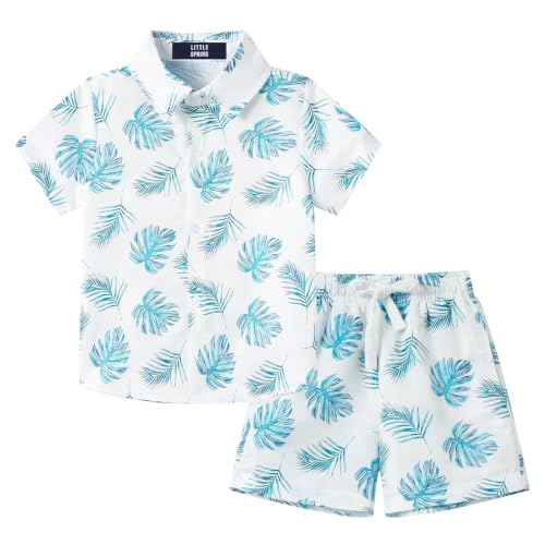 Image of LittleSpring Boys Summer Outfits Button Down Short Sleeve Hawaiian Shirts and Shorts Set