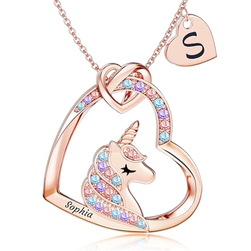 Easycosy Personalized Unicorn Necklace for Girls, 18K Gold Plated Custom Initial&Name Jewelry, Colorful CZ Heart Pendant Unicorn Birthday Gift for Little Girls Daughters Kids