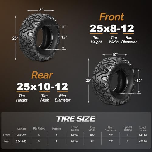 Image of TUFFIOM Set of 4 ATV /UTV All-terrain Tires 25x8-12 Front 25x10-12 Rear, 6 PR, Tubeless
