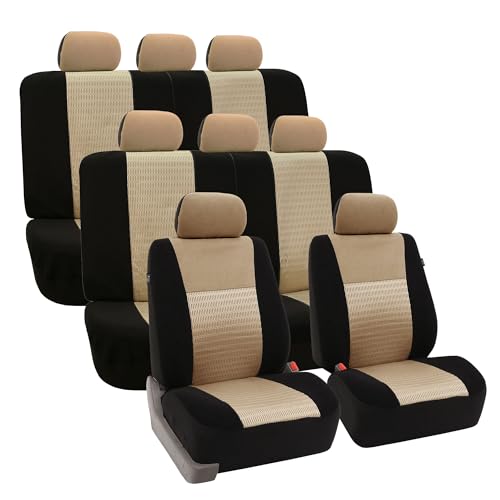 FH Group Car Seat Covers Trendy Elegance 3D Air Mesh Car Accessories, Airbag Compatible and Split Ready Beige Three Row Set 8 Headrest Covers Universal Fit Interior Accessories for Cars Trucks SUV by FH Group - Used condition - US$58.91