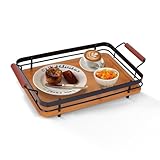 Rectangular Wood Serving Tray with Metal Handles, 12' x 8' Bamboo Decorative Tray for Breakfast, Food, Drinks, Bathroom, Kitchen, Livingroom, Small