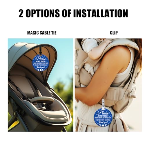 Image of 2 Pack Blue Moon and Star No Touching Signs Stop No Touching Safety Sign for Family PVC Seat Signs-Stroller Tag with Hanging Strap and Clip for Car Accessories 5 Inches