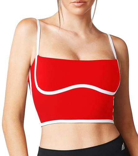 Image of Sleeveless Spaghetti Strap Padded Sports Bra Tank Tops Square Neck Double Layer Workout Fitness Basic Crop Tops