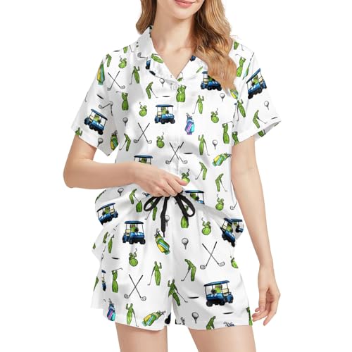 Image of Funny Pajamas for Women Set Print Satin Loungewear Pjs Short Sleeve Button Down Top and Shorts Sets Sleepwear XS-3XL