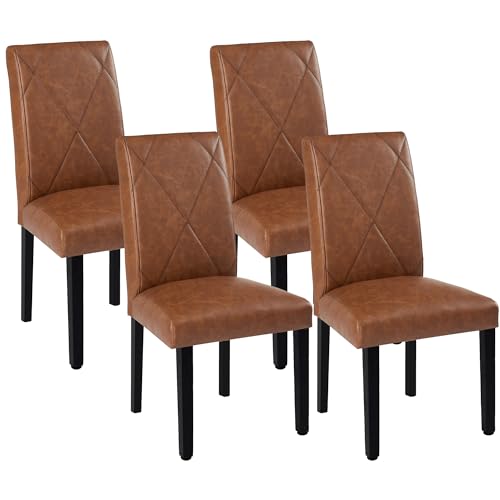 VECELO Upholstered Dining Chairs Set of 4, Modern PU Leather and Solid Wood Legs & High Back for Kitchen/Living Room- Brown