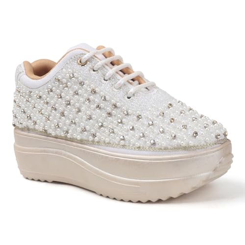 Image of Vendoz Women Hand Embroidery Wedding Party Bridal Floral High Heel Sneakers I Cushioned Insole I Comfortable Wear Wedge Shoes I for Ladies and Girls