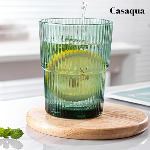 Image of Premium Ribbed Drinking Glass Tumbler with Lid & Straw - 400ml, Set of 1, Reusable Green Minimalist Mug for Iced Coffee, Juice, Smoothies & Cold Beverages, Leak-Resistant Travel Cup