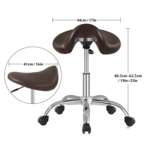 Saddle-Stool-with-Wheels-300-lbs-Weight-Capacity-Heavy-Duty-Rolling-Stool-for-Medical-Massage-Salon-Kitchen-Spa-Drafting-Nail-TechHeight-Adjustable360-SwivelWide-Thick-Seat-Paddingbrown