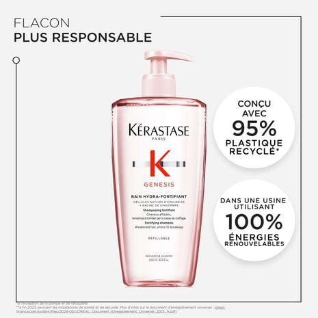 KÉRASTASE Genesis - Bain Hydra-Fortifiant - Shampoing Fortifiant Anti-Chute - Purifie & Renforce - Aminexil - Edelweiss & Racine de Gingembre - Cheveux Fins & Fragiles 500 ml x2 DUO