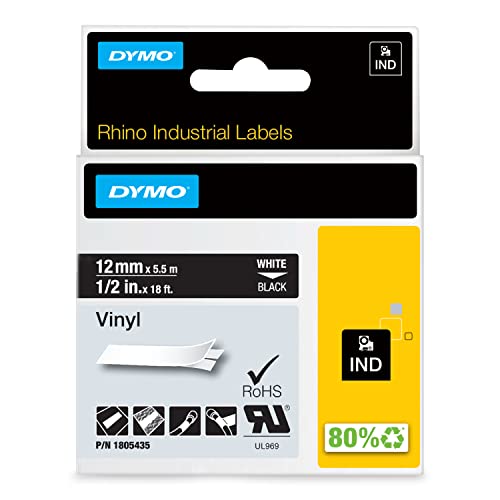 DYMO Rhino Etichette in vinile industriale | 12 mm x 5,5 m | Stampa bianca su nero | Autoadesive | per LabelManager e Rhino Label Makers