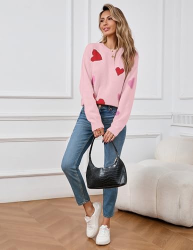 Image of Women's Cute Heart Sweaters Fall Casual Long Sleeve Knit Pullover Tops | 2026 Trendy Crew Neck Ribbed Kint Sweater Oversized Winter Outfit Clothes
