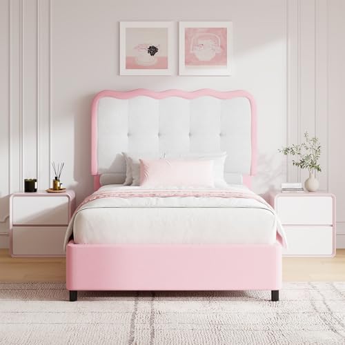 BarnFurin Twin Size Cloud Bed Frame with Headboard Soft Boucle Upholstered Platform Bed Anti-Collision Soft Rounded Corners Low Profile Stable Design No Box Spring Needed Pink