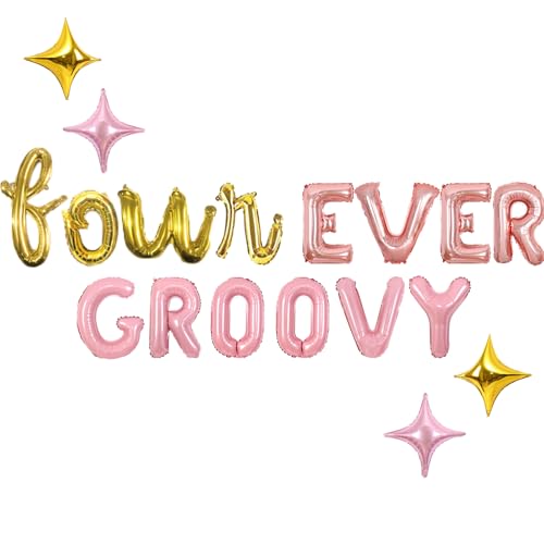 Wonmelody Groovy 4th Sweet Birthday Decorations Four Ever Groovy Boho Banner Backdrop, Retro Macaron Rainbow and Daisy Pink Gold Foil Balloon, 4th Girls Hippie Party for Daisy Fourth Birthday Party