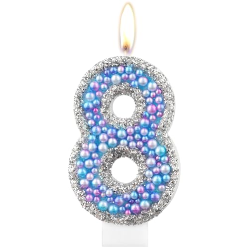 Velas de macaron para cumpleaños número 8, color morado y azul, velas de perlas de color, decoraciones de cumpleaños temáticas de macarrón, decoración de pastel de cumpleaños para niñas y niños,