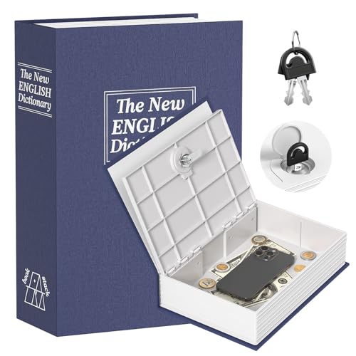 KMC Book Safe with Key, Realistic Dictionary Diversion Metal Safe Box for Adults, Hidden Money Saving Piggy Bank for Cash & Valuables, Secret Storage Security Lockbox for Home Office Bookshelf (Blue)