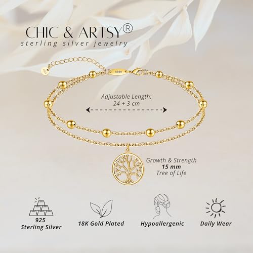 Image of CHIC & ARTSY Women Anklets S925 Sterling Silver Dainty Layered Anklet Bracelet Adjustable Multilayer Beach Ankle Bracelet Summer Jewelry for Women 10-11 Inches