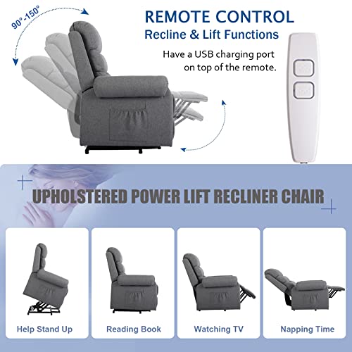 Vuyuyu Power Lift Recliner Chair For Elderly With Heat And Massage, Reclining Sofa Chair For Living Room With Infinite Position/Remote Controls/Usb Port/Side Pockets/Linen Fabric (Grey) #TOP3