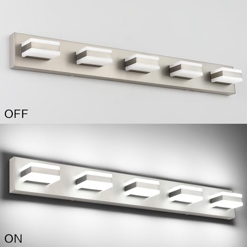 Image of SOLFART 5 Light Bathroom Vanity Light Brushed Nickel Bathroom Vanity Light Fixtures Over Mirror Led Lights for Restroom Nickel ETL Listed