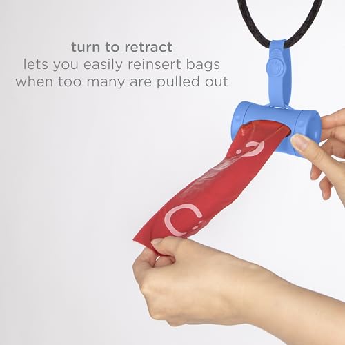 Image of Ubbi Retractable Dog Poop Bag Holder and Dispenser with Silicone Strap Leash Attachment, Includes 2 Rolls of Lavender Scented Leakproof Waste Bags, Blue