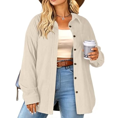 OLRIK Women's Plus Size Jacket Long Sleeve Button Down Boyfriend Shirts Casual Fall Jacket Coats Apricot-4X Cover