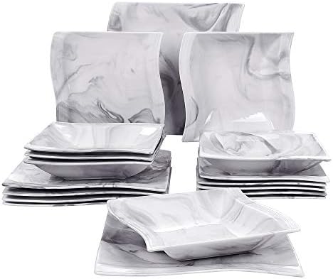 MALACASA, Series Blance, 30-Piece Marble Grey Porcelain Dinnerware Set with 6 x Dinner Plates/Dessert Plate/Soup Plate/Cup/Saucer, Service for 6