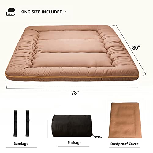 Image of MAXYOYO Japanese Shiki Futon Mattress Floor Mattress Thicken Tatami Mat Sleeping Pad Roll Up Mattress Floor Lounger Bed Folding Couch Bed Mattress Pad for Guest Room, Light Brown, King