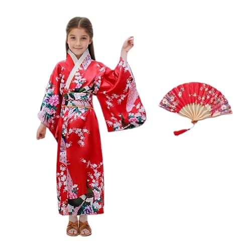 Japanese Traditional Dress Kimono Robe Costume for Kids Girls 4+Years Children Yukata Vintage Japanese Style with Silk Fan - Party Performance Halloween Cosplay (Red 120)