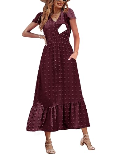 Image of CzzzyL Women Nursing Boho Maxi Dresses Cap Short Sleeve V Neck Swiss Dot High Waisted A-Line Ruffle Tiered with Pockets
