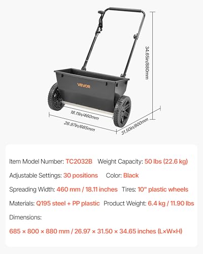 Image of VEVOR Broadcast Spreader, 50LBS Capacity, Drop Spreader with Hopper Grate, 18 in Spreading Width & 30 Settings, 10 in All Terrain Tires, Garden & Lawn Spreaders for Seed, Fertilizer