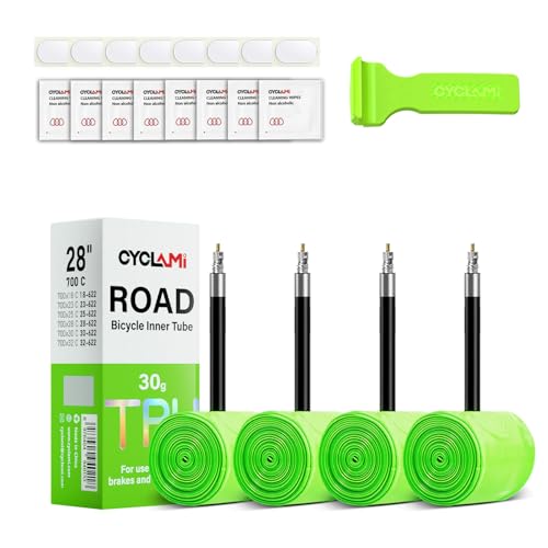 CYCLAMI 4-Pack TPU Inner Tubes 700cx18-32cInner Tubes Ultralight 30g Bike Tube with 65mm Presta Valve for Road Bike Tubes(Include Bike Tube Patch Repair Kit)