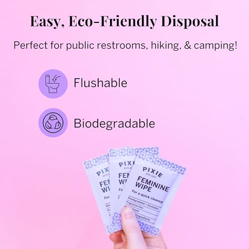 Image of Pixie Feminine Wipes - Flushable, Biodegradable, & Ph Balanced - Individually Wrapped Packet Wipes for On The Go & Public Bathrooms - Wash & Cleaner For Your Menstrual Cups & Discs (3 Pack of 10)