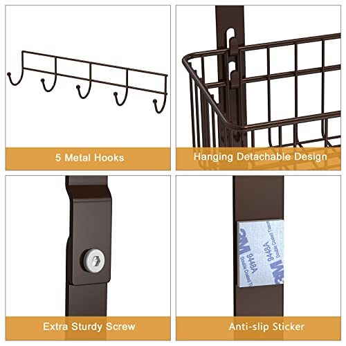 Over The Door Basket Organizer 3 Tier Hanging Door Shelf Rack Heavy Duty Over Door Hanger Pantry Organizer With 3 Metal Baskets And 5 Hooks For Kitchen Bathroom Bedroom Living Room, Dark Brown #TOP5