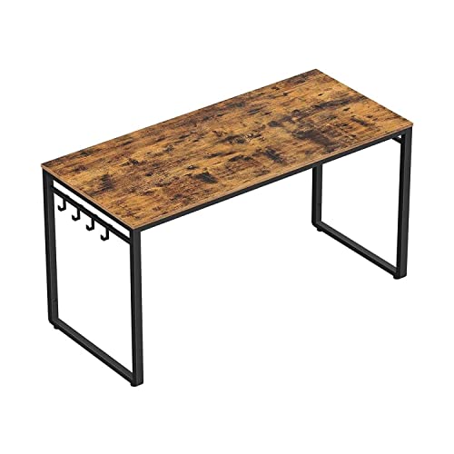VASAGLE Computer Desk, Writing Desk, Home Office Desk with 8 Hooks, 140 x 60 x 75 cm, for Study and Bedroom, Easy Assembly, Steel, Industrial Design, Rustic Brown and Black LWD59X