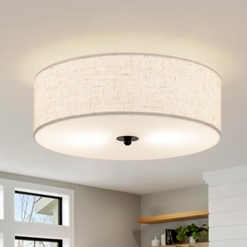 CALOKES Flush Mount Ceiling Light Fixture, 13" Close to Ceiling Light with Beige Fabric Linen Drum Shade, 2-Light Modern Round Ceiling Light for Bedroom Hallway Dining Kitchen by CALOKES - Used condition - US$31.99