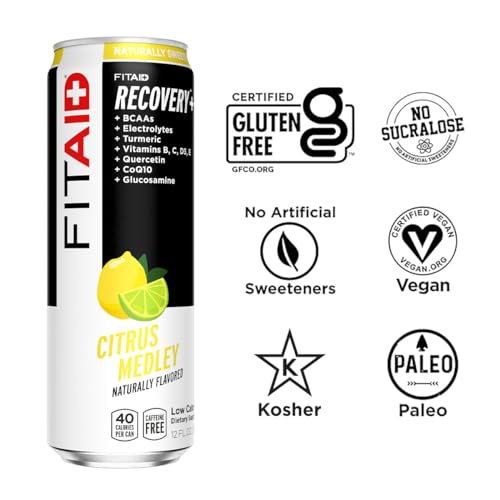 Image of FITAID Recovery Blend, Number 1 Post-Workout Recovery Drink, BCAAs, Electrolytes, Full Vitamin B Complex, Paleo, Vegan & Gluten-Free, Lightly Carbonated, 12 Fl Oz (Pack of 4)