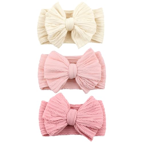 Image of chiduerm 3 Pcs Baby Bows Headbands Soft Nylon Hairbands Super Elastic Headband Hair Accessories For Baby Girls Infant Toddler Essentials (Pink Beige Blush, Mid)