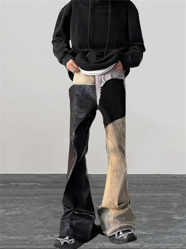 Men Coating Waxing Patchwork Old Baggy Flare Jeans Vintage Long Trousers Pantalones2