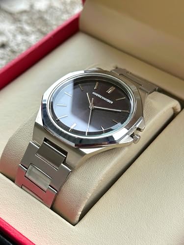 Image of AMERICANVIBER Dual Tone Stainless Steel Strap Men's Wrist Watches Classic Minimalist Bar Scale Dial Analog Wrist Watch for Men
