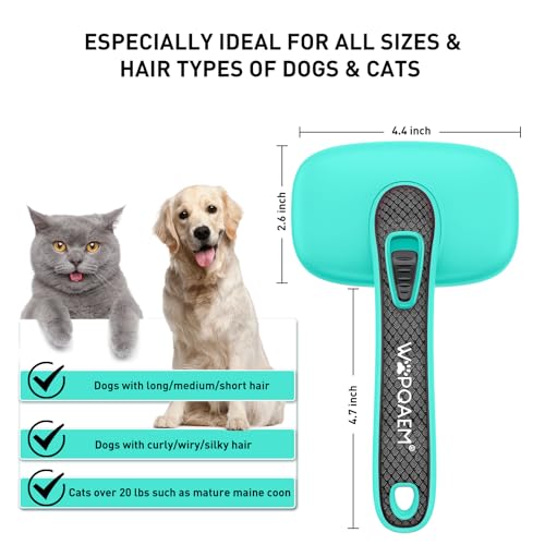 Self Cleaning Slicker Brush for Dog, Skin Friendly Shedding & Grooming Tool for Long and Short Haired Dogs and Cats, Easy Clean Retractable Bristles, Green
