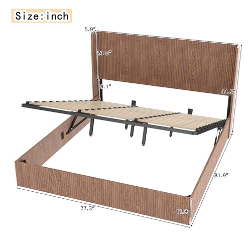 Image of Ball & Cast King Size Lift Up Storage Bed Frame with Wingback Headboard,Wooden Grooved Undulating Platform Bed Frame with Hydraulic Storage,No Box Spring Needed,No Noise,Rustic Brown