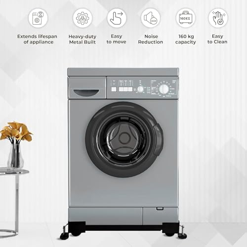 Image of Amazon Basics Washing Machine Stand- Adjustable Metal Trolley with Wheels for Home with 4 Anti Vibration Rubber Grips- Stands Upto 180 Kg Weight, Also Suitable for Dishwasher, Air Cooler