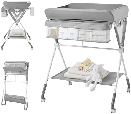 KUB Baby Portable Diaper Changing Table, Foldable Changing Table for Baby with Wheels, Baby Diaper Changing Station with 3-Level Adjustable Height, Portable Changing Table with Large Organizers