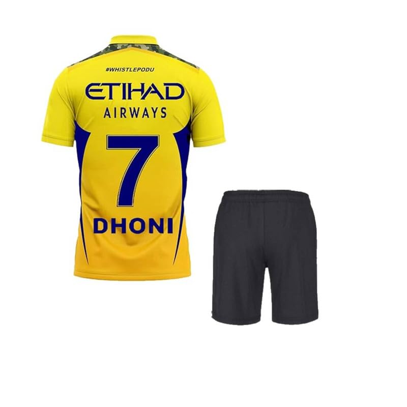 Image of Ms Dhoni 7 Csk Cricket Team Half Sleeve Jersey Tshirt with Printed Logo Shorts 2024-2025 (Kids,Boys,Men)