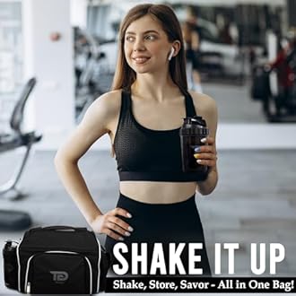 TO GO Meal Prep Bag By Insulated Lunch Meals Bag W/6 Portion Control Containers,2 ICE PACKS, Shaker, Pill Box,With an Adjustable shoulder. bag for meals (black)